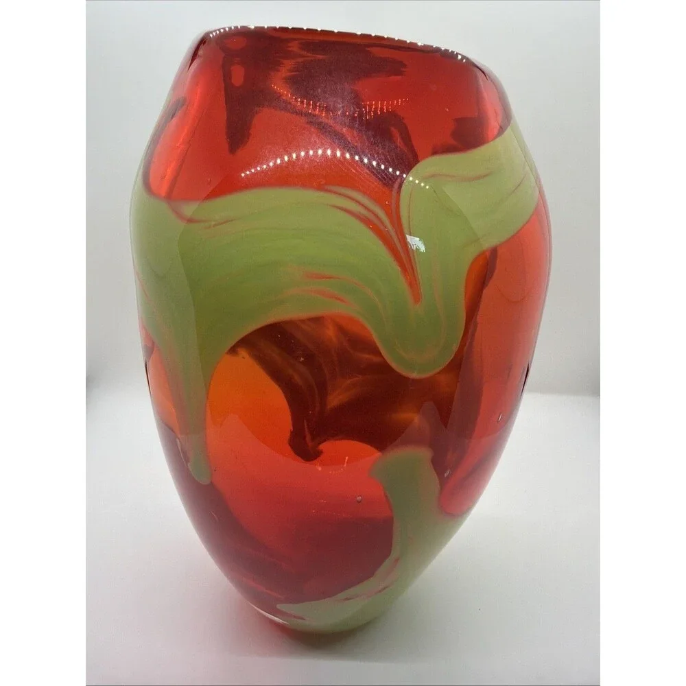 Rainbow CASED GLASS  10” Watercolor Heavy Art Glass Hand Blown Vase- Red Green